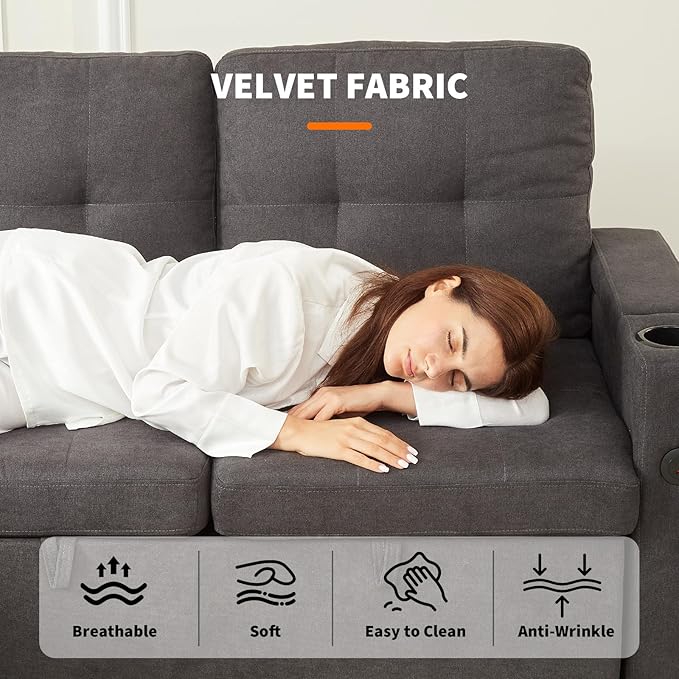 GarveeLife Couches for Living Room 84'' L-Shaped Sectional Sleeper Sofa with Pull Out Bed Comfy Sofa Bed with Charging Ports and Storage Armrests Dark Grey