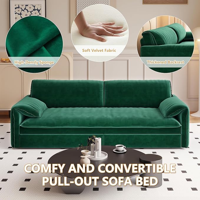 GNIXUU 66 Queen Pull Out Sofa Bed Velvet Convertible Sleeper Sofa Couch with Side Storage Comfy Cloud Futon Bed Pull Out Couch for Living Room Apartment Small Space(Green)