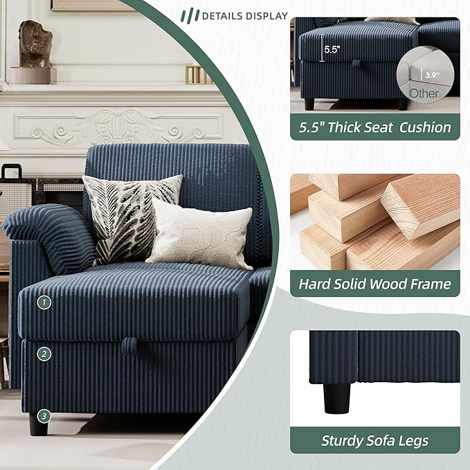 Vongrasig Convertible Sectional Sofa Couch 3 Seat L Shaped Sofa with Removable Pillows Soft Corduroy Fabric Small Couch Mid Century for Living Room Apartment and Office (Blue)
