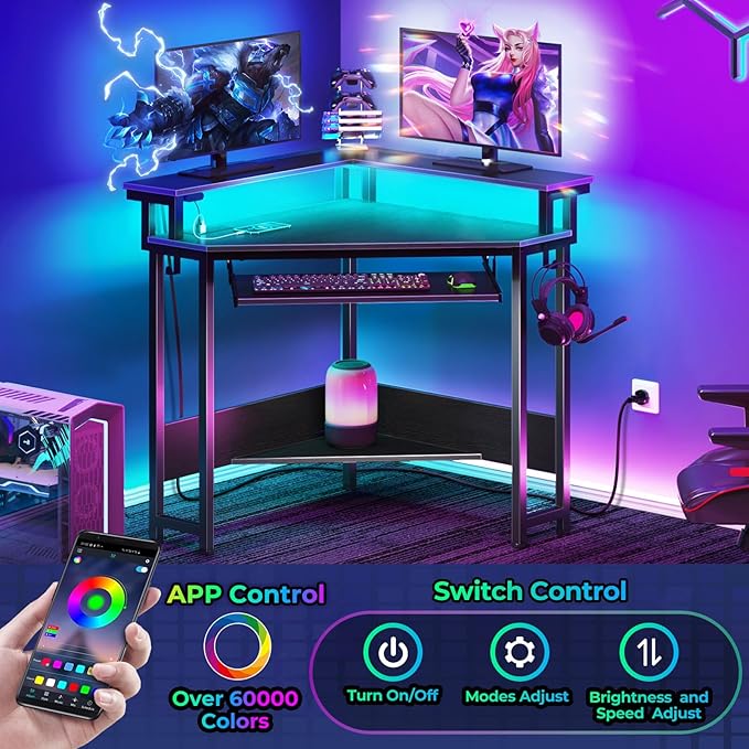 Rolanstar Corner Desk44.5 W x 34.5 H Small Computer Desk with Power Outlets Gaming Desk with LED Lights Triangle Corner Table with Keyboard Tray &amp Monitor Stand for Small Space Black