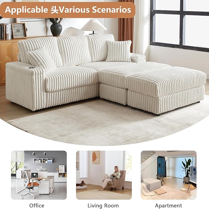 Aoowow 84 Corduroy Oversized 3-seater sofa with 2 Ottomans Modular Sectional Deep Seat Sofa with Back and Toss Pillows Modern Comfy Sofa with 2 Storage Spaces and Cup Grooves for Living Room Beige