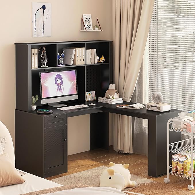 L Shaped Office Desk with Storage Drawers and Bookshelf Corner Computer Desk with Hutch and Charging Station Black