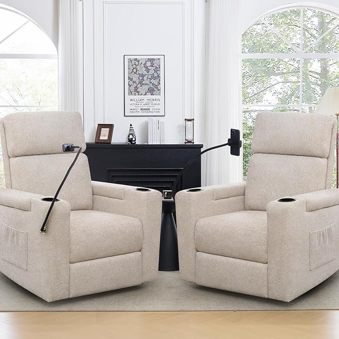 ABCASA Power Recliner Chair Swivel Glider Set of 2 Nursery Glider Recliner Chenille Rocking Recliner Chair with Adjustable Phone Holder Hidden Arm Storage USB &amp Type-C for Living Room Light B