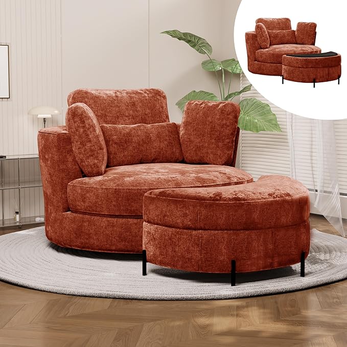Chifee &amp Vingol Swivel Accent Chair with Ottoman 50.2 Round Swivel Chair Storage Ottoman &amp Pillows 360° Barrel Chair for Living Room Bedroom OfficeChenilleTerracotta