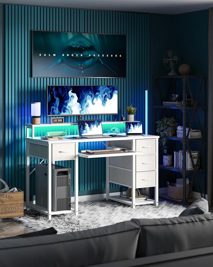 TIQLAB Computer Desk with Drawers and Power Outlets 47 Inch Gaming Desk with LED Lights Home Office Desk with Monitor Stand and Keyboard Tray Study Writing Work Desk for Home Office White
