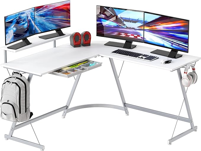 SHW 51 x 51 Inches Vista L-Shaped Desk with Monitor Stand and Drawer White