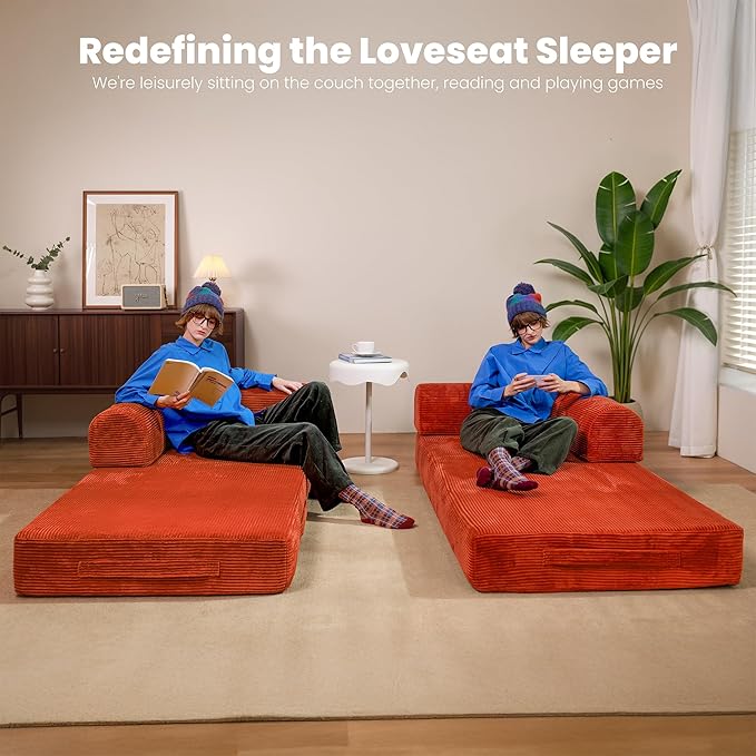 79 Convertible Sofa Bed Boneless Corduroy Sleeper Foldable Modular Couch Memory Foam Compressed Sofa in A Box Folding Mattress Floor Couch for Small Space Living Room Apartment Bedroom Orange