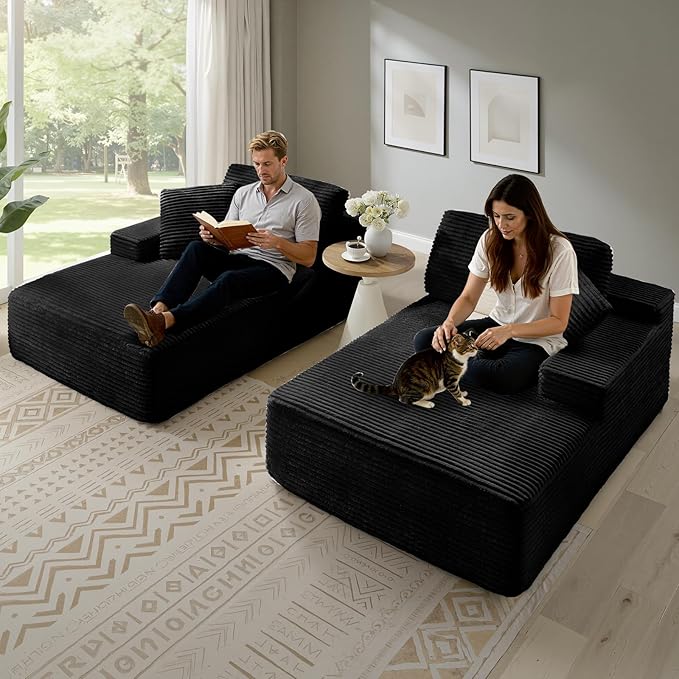89.3” Oversized Double Chaise Lounge Indoor Black Corduroy Chaise Lounge Chair Upholstered Sleeper Sofa Bed Deep Seat Sleeper Loveseat Reading Chairs Boneless Cloud Couch for Living Room Bedroom