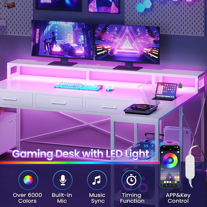 SEDETA L Shaped Gaming Desk with PC Display Stand 59Inch Reversible Computer Desk with Storage Shelves 4 Drawer &amp LED Lights Modern Gamer Desk Table with Power Outlet Monitor Stand White