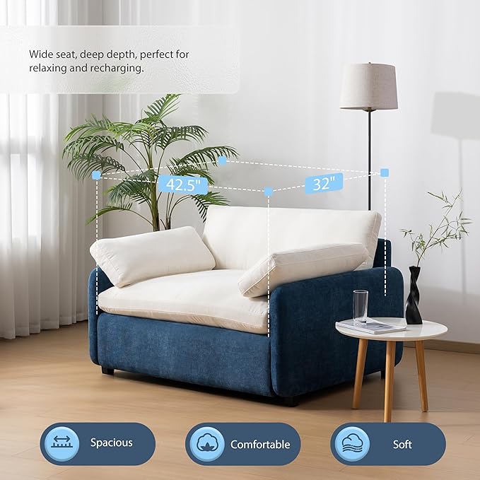 Merax Oversized Single Sofa Chair with Wide and Deep Seat Blue Chenille Accent Chair with Color Blocking Modern Upholstered Comfy Armchair with Pillows for Living Room Apartment and Bedroom