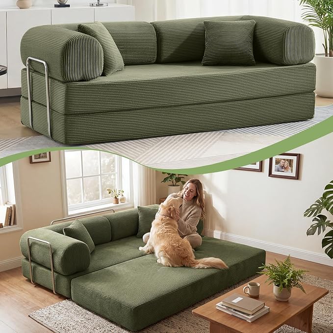 Sofa Bed 79 Convertible Sleeper Sofa with Pull Out Bed 5-in-1 Folding Corduroy Futon Couch Modular Loveseat Sofa Bed for Living Room Bedroom &amp Apartment Green