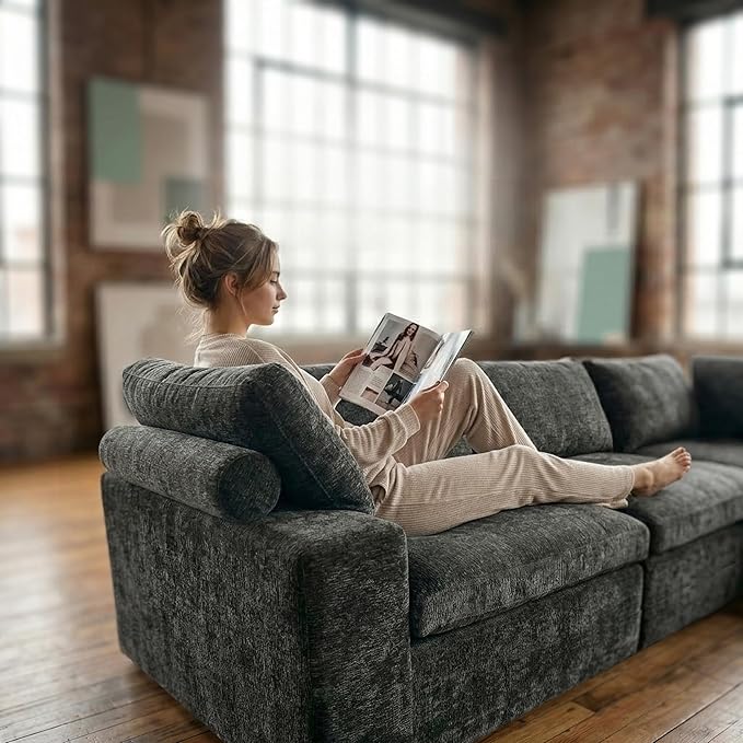 118'' 4 Seater Memory Foam Couch with Ottoman Modular Sectional Sofa for Living Room Boneless Couch Sectional with Memory Foam No Assembly Big Couch Set Dark Grey | Ergonomic Bolster