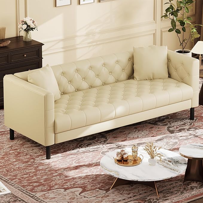 GAOMON 81 Leather Couch Handmade Button Tufted 3 Seater Sofa Chesterfield Sofa with Deep Seat and 2 Pillows Leather Sofa for Living Room Apartment Office Beige