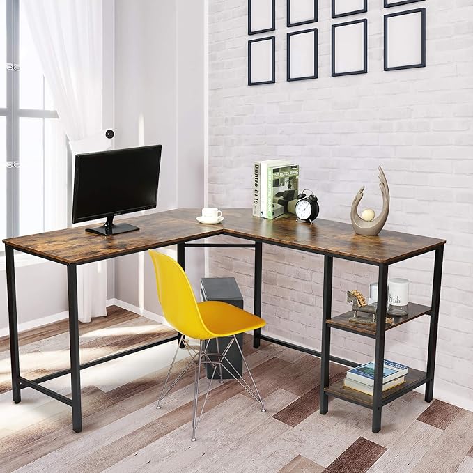 L Shaped Corner Computer Desk 54.3 inch with Storage Shelf Long Gaming Desk for Home Office PC Workstation Saving Space Laptop Table Rustic Brown