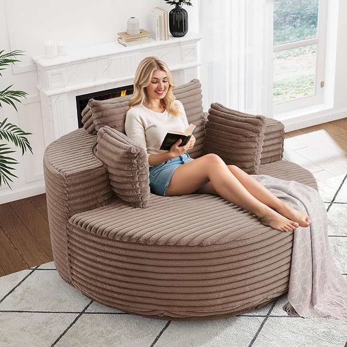 360-Degree Oversized Swivel Chair Modern Round Circle Corduroy Comfy Deep Seat Swivel Accent Chaise Lounge Sofa Chair with Back Cushion &amp 2 Throw Pillows for Living Room Bedroom Office Brown