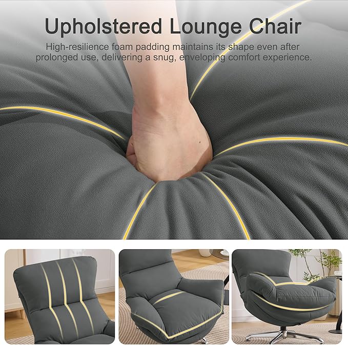 360° Swivel Oversized Accent Chairs Set of 2 Fabric Upholstered High Back &amp Thick Cushion Ergonomic Comfy Reading Lounge Sleeper Chair with Sturdy Metal Base for Living Room Bedroom Grey
