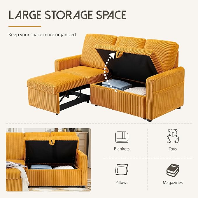 Convertible Sectional Sofa Couch 71 Corduroy Fabric Modern 3 Seater L-Shaped Sofa with Reversible Chaise &amp Seats Storage Deep Seat Sleeper Couch for Living Room Small Spaces Yellow