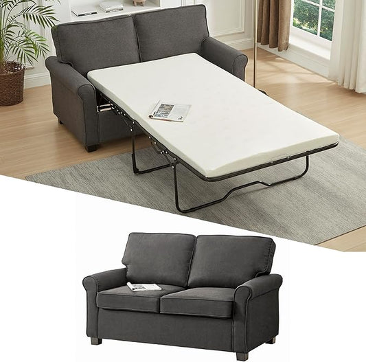 Pull Out Sofa Bed 73+3 with Memory Foam Mattress Bed Frame Linen Two Seat Loveseat 57 2-in-1 Convertible Sleeper CouchNo Assembly Space-Saving for Living Room Office Apartment Grey