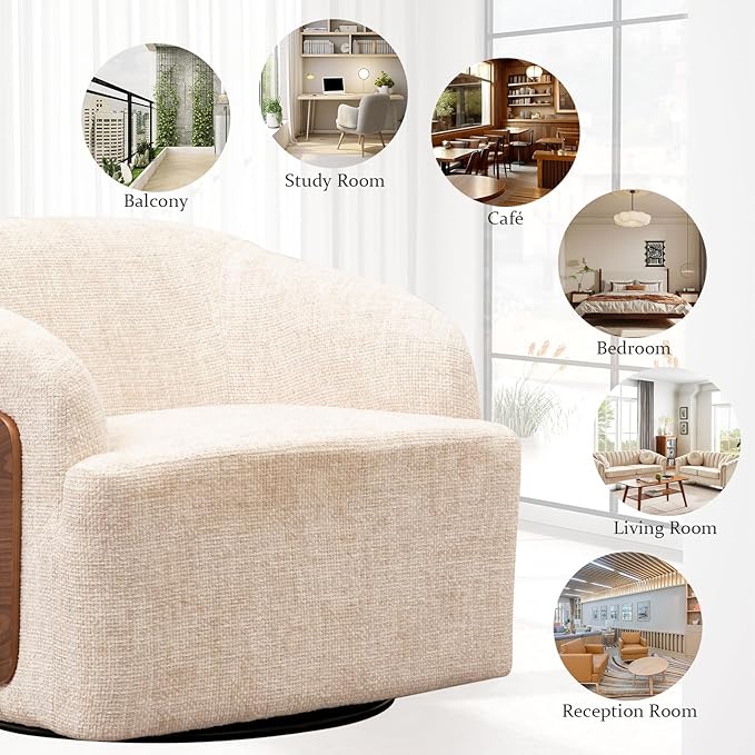 Swivel Accent Chair Linen Swivel Barrel Chair Comfortable Mid Century Modern Chair Upholstered Metal Base Armchair for Living Room Bedroom Office Large Vintage White