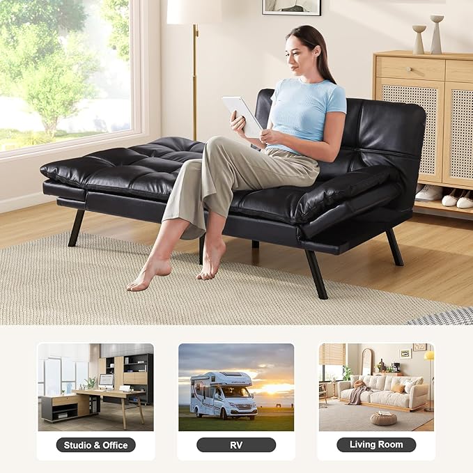 Opoiar Leather Futon Sofa Bed Convertible Memory Foam Foldable Couch Modern Sleeper Loveseat with Adjustable Armrests&ampBackrests for Small Spaces Office Studio Apartment Dorm Game Room