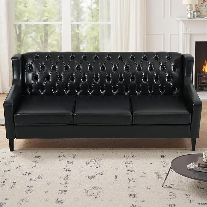 GDFStudio 78.75 3-Seater Sofa Button Tufted Backrest Big Comfy Couch with Plush Cushions Mid Century Modern Couches Home Living Room Sofa Upholstered Sofas &amp Couches for Apartment Bedroom Bla