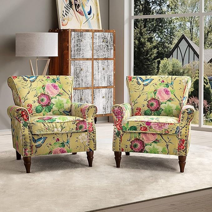 HULALA HOME Modern Wingback Accent Chair with Wood Legs &amp Removable Cushion Comfy Upholstered Armchair with Nailhead Trim Floral Pattern Single Sofa Chair for Living Room Bedroom Mustard