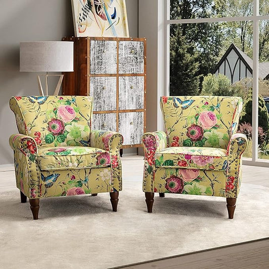 HULALA HOME Modern Wingback Accent Chair with Wood Legs &amp Removable Cushion Comfy Upholstered Armchair with Nailhead Trim Floral Pattern Single Sofa Chair for Living Room Bedroom Mustard
