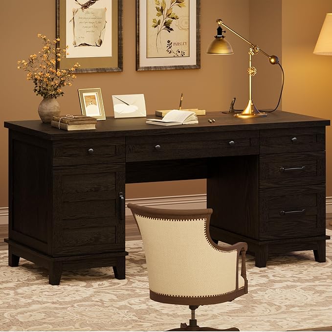 60 Traditional Home Office Desk with Power Outlets Wooden Executive Desk with File Cabinet and Drawers Farmhouse Wood Work Desk for Work Study Writing Black