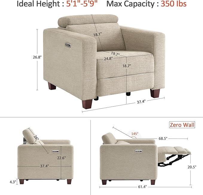 MCombo Zero Wall Recliner Chair Wall Hugger Power Recliner Chair with Adjustable Headrest High Wood Leg USB &amp Type C Dual Charge Ports for Living Room Small Spaces HL128 (Textile Beige)