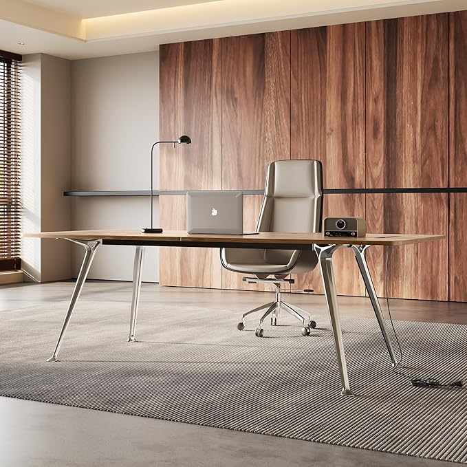 Writing Computer Desk 60-Inch Large Executive Desk Office Workstation with Chrome-Plated Legs and Built-in Power Outlet Writing Table Business Furniture Modern Minimalist Style for Home Office