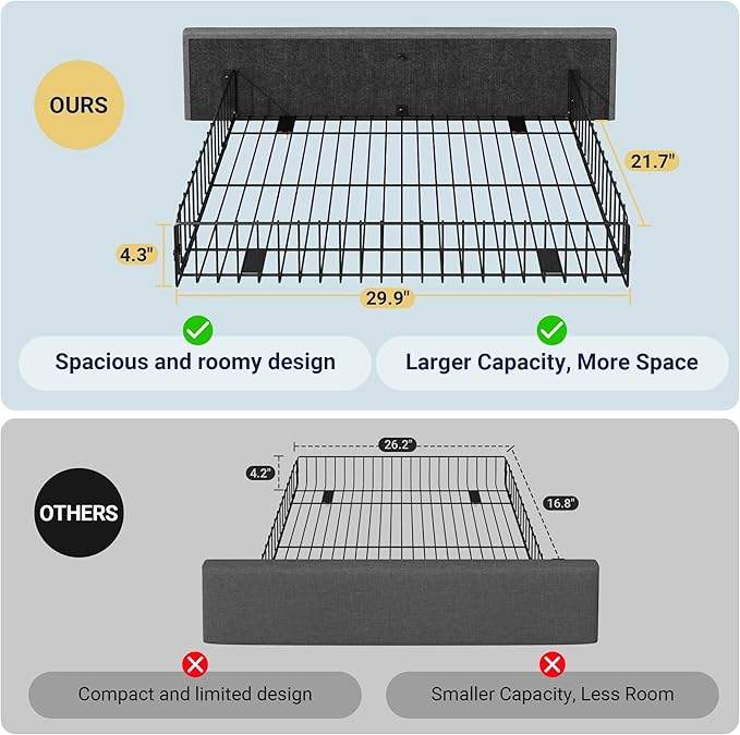 Allewie Upholstered Full Size Platform Bed Frame with 4 Storage Drawers and Headboard Square Stitched Button Tufted Mattress Foundation with Wooden Slats Support No Box Spring Needed Light Grey