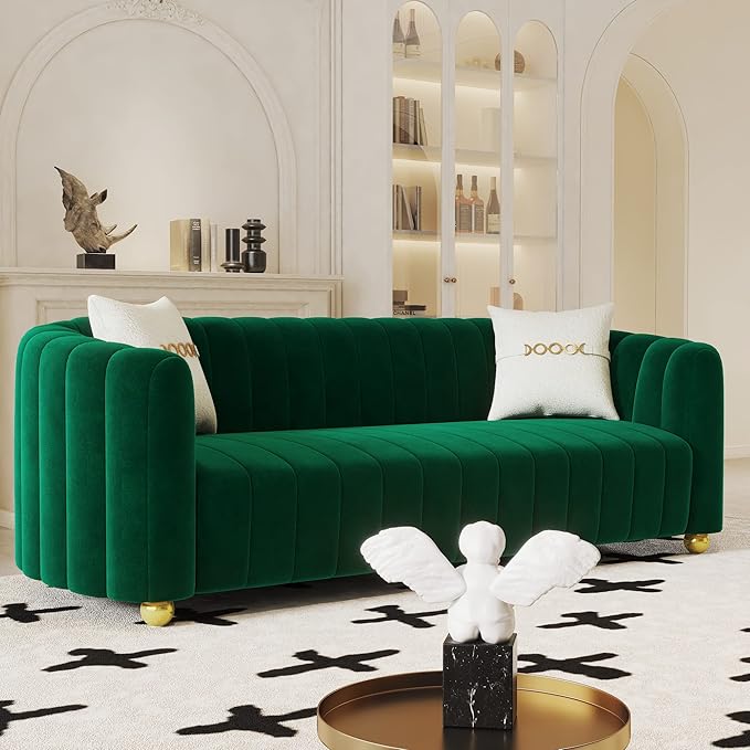 Mid-Century Modern Sofa for Living Room 84 Green Luxury Velvet Loveseat Sofa Couch Sectional Love Seat Sofa Couch with Gold Legs Upholstered Sofa for Apartment Bedroom Home Office