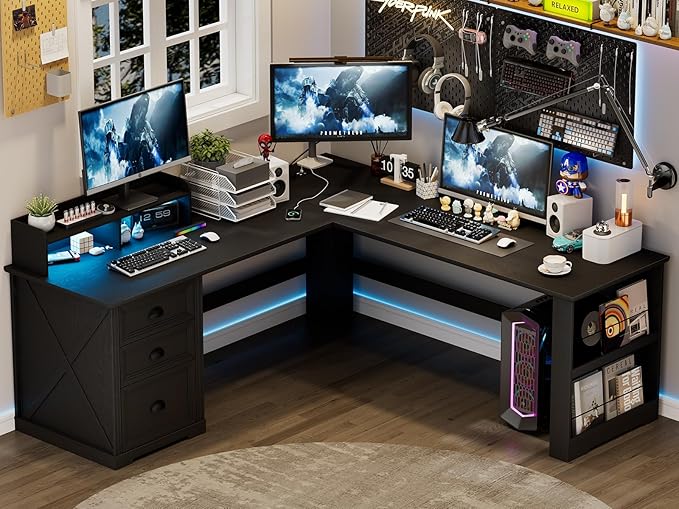 Executive L Shaped Desk with Monitor Stand 59 inch Farmhouse Corner Computer Desk with Power Outlets &amp LED Lights Home Office Desk with File Cabinet for Working Gaming Writing Black