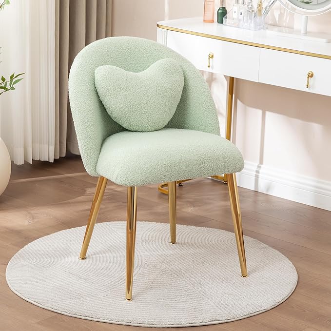 Vanity ChairAccent Makeup Comfy Cute Desk Girls Fluffy Chairs for Bedroom No Wheels Gold Metal Legs Stool (Teddy Green)