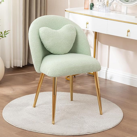 Vanity ChairAccent Makeup Comfy Cute Desk Girls Fluffy Chairs for Bedroom No Wheels Gold Metal Legs Stool (Teddy Green)