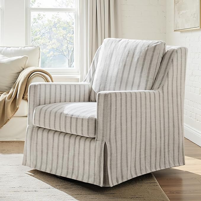 HULALA HOME Swivel Rocker Chair Farmhouse Swivel Rocking Accent Chair with Washable Slipcover Striped Fabric Barrel Armchair with Down Filled Cushions Grey
