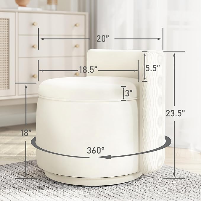 360° Swivel Accent Chair with Storage Vanity Stool with Back Velvet Storage Ottoman Upholstered Round Barrel Vanity Chair for Living Room Makeup Room Bedroom (Off White)