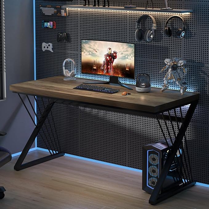 FOLUBAN Computer Desk Modern Home Office Desk Wood and Metal Study Writing Gaming Table for Bedroom Living Room Rustic Oak 53 Inch