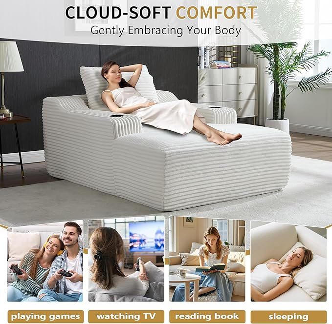 67inch Chaise Lounge Chair Indoor Upholstered Corduroy Couch with 2 PillowsComfy Fluffy Cloud CouchSingle Sleeper Sofa Chair for Livingroom (White 46.5W X 67D with Cup Holder)