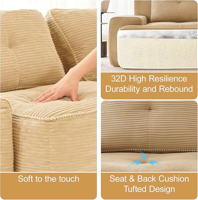 Casaphoria 115'' Boneless Sofa with Ottoman 3-Seater Modular Couch with 3 Pillows for Living Room L Shape Cloud Sectional Sofa No Assembly Camel