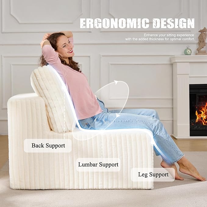 Single Sofa 1 Seat Couch with Deep Seat Memory Foam Cloud Chair with Pillows Large Sofa with L Shape for Living Room Bedroom (Strip White Single)