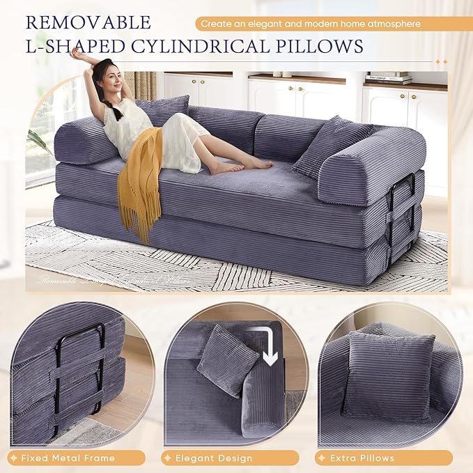 Convertible Folding Sofa Bed Corduroy Sleeper Mattress Couch with Fixed-Shape Frame Free Combination Loveseat Lounge Floor Sofa Queen Size Memory Foam Couch for Living Room Bedroom Ash Grey