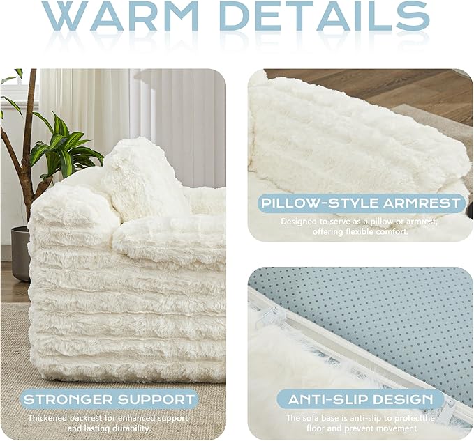 Oversized Lounge Chair Plush Faux Fur Comfy Reading Chair Boneless Chaise Sofa Recliner Bed Sleeper Couch with Wide Pillow Armrest for Living Room Bedroom (White)