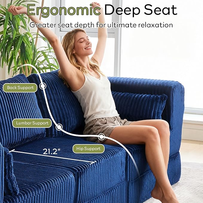 STHOUYN 106 Corduroy Folding Convertible Sleeper Sofa Bed Blue Pull Out Floor Modular Couch with Pillow Memory Foam Boneless Couchs Sectional for Living Room Bedroom (3 Navy Blue)