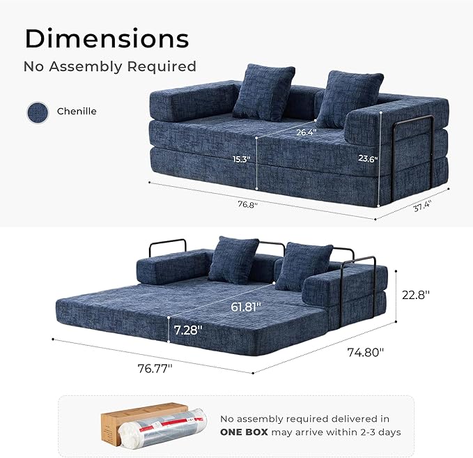 WELAX 77 Convertible Sleeper Sofa Bed Boneless Cloud Queen Futon Couches with 2 Pillows &amp Removable Armrests Chenille Folding Floor Couch No Assembly for Bedroom Living Room Blue