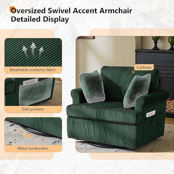 VINGL 39.2 Wide 360° Swivel Accent Armchairs with Pillows Set of 2 Oversized Single Sofas Chair and a Half with Side Pockets and Wide armrest for Living Room Bedroom Reading Room Corduroy Green