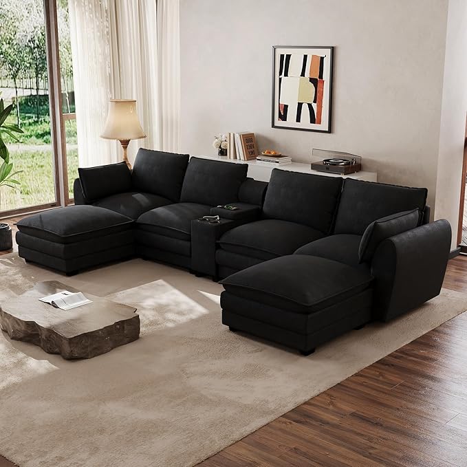 Cloud Couch Sectional Sofa 145.5 Comfy U Shape Sectional Couches for Living Room Modern Chenille Cloud Sofa Deep Seat Modular Couch with Ottoman Storage Console USB Port Cup HolderBlack