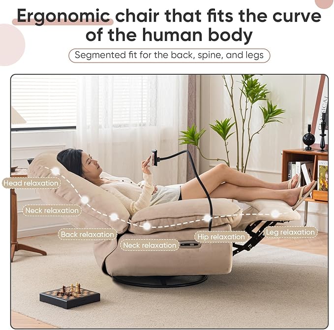 Smart Oversized Electric Recliner Chair 360° Round Swivel Rocking Glider Rocker for Adults Modern Comfy Ergonomic Chaise Lounge Indoor Theater Seating Living Room Chairs Reading Soft Camel Fabric