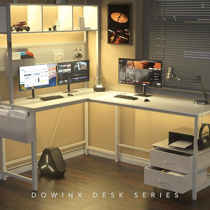 Dowinx 67” L-Shaped Gaming Desk with Pegboard &amp Drawers Reversible Computer Desk with RGB Lights &amp Power Outlets Corner Workstation with Storage &amp Hutch for Home Office &amp Gaming Whit