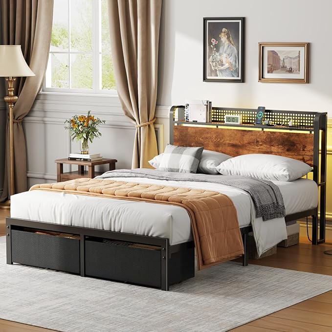 Furnulem Full Size Bed Frame with Headboard Storage Platform Bed Frame Full Size with 2 Drawers Charging Station and LED Lights No Box Spring Needed Noise Free Easy Assembly (1000 lbs Capacity)